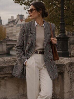 Vintage Bay Club Plaid Blazer Grey Red Double Breasted Office Career Academia